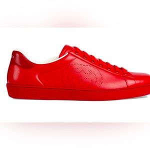 New Mens Gucci Ace Perforated Interlocking G Hibiscus Red Sneakers
